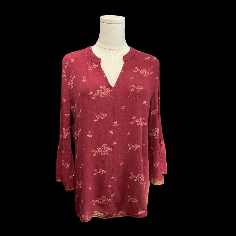 Burgundy Floral Print Blouse w/ Slot Collar & Bell Style 3/4 Sleeve